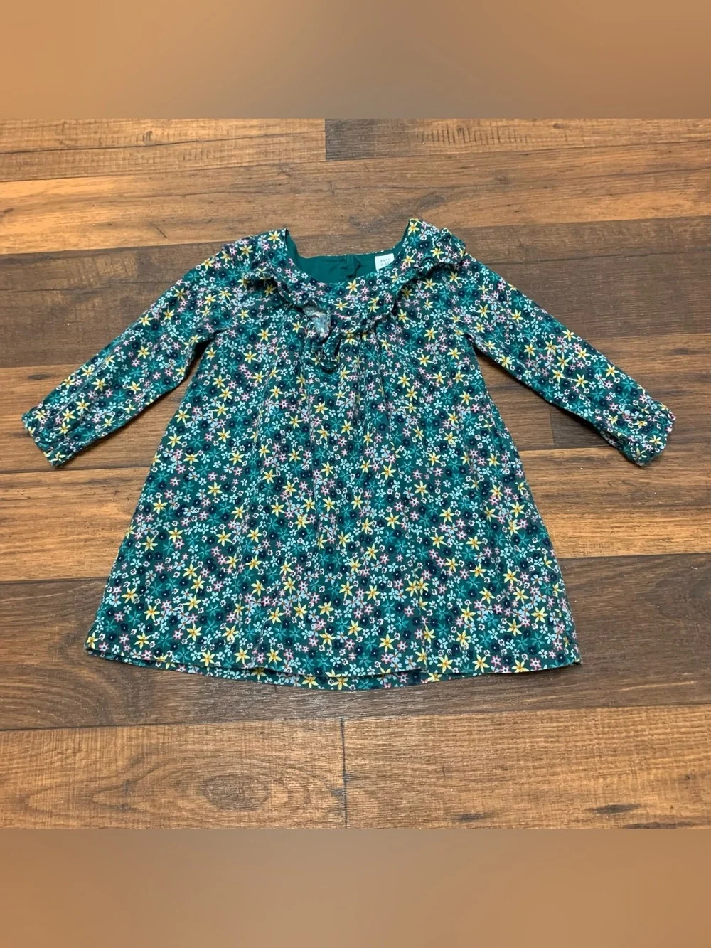 Baby Gap girl's Dress Sz 3 green Floral Print ruffled neckline Long Sleeve
